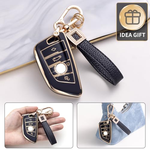 for BMW Key Fob Cover with Leather Lanyard, Car Key Fob Case Compatible with BMW 2 5 6 7 SeriesX1 X2 X3 X5 X6 Smart Key Protector Holder - style: For Bmw a