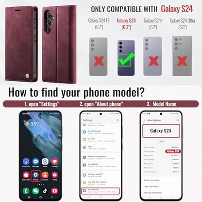 for Samsung Galaxy S24 5G 2in1 Detachable Wallet Case, Burgundy | Compatible with Magsafe, Magnetic, RFID Blocking Card Holder, Shockproof, Kickstand, Wireless Charging, PU Leather Flip Cover - color: Retro Burgundy, size: Galaxy S24 - 6.2"