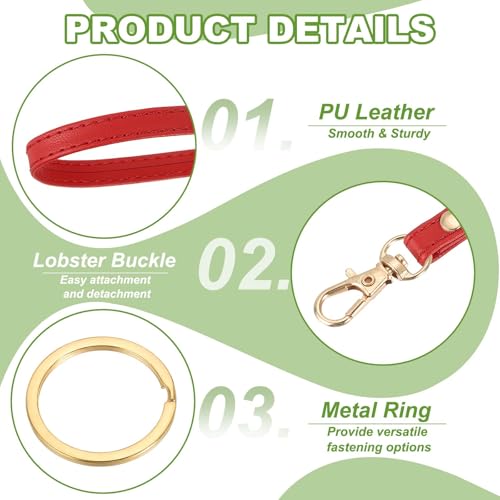 Wristlet Strap PU Leather Keychain Wristlet Lanyard Hand Strap Replacement with Rings Fit for Wallet Purse - color: Red/Gold