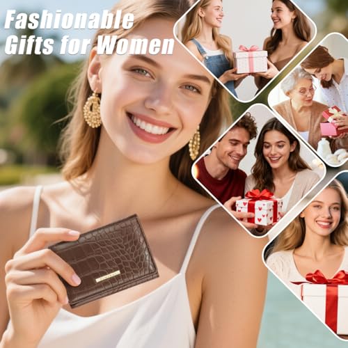 Crocodile Wallets Women Small Luxury Faux Leather Alligator Wallet | Chic RFID Blocking Womens Trifold Credit Card Holder Ladies Mini Purse, Coffee Croc - color: Coffee