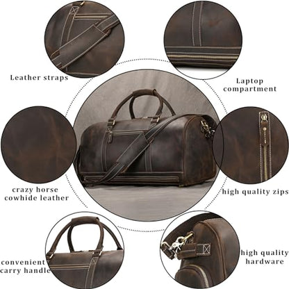 Full Grain Leather Duffel Bags for Men and Women Travel Overnight Weekend Leather Bags Sports Gym Duffel - color: 9801 Dark Brown