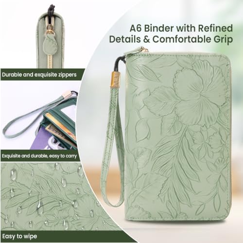 A6 Binder Zipper Budget, Planner for Travel & Study | Faux leather A6 organizer with zipper, cash pouches, lined pages, card slots and pen holder for budgeting. - color: Green2
