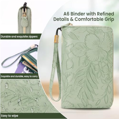 A6 Binder Zipper Budget, Planner for Travel & Study | Faux leather A6 organizer with zipper, cash pouches, lined pages, card slots and pen holder for budgeting. - color: Green2