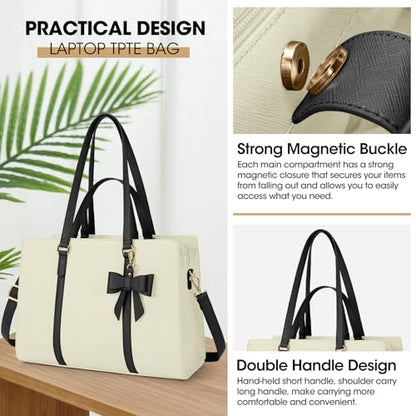 NUBILY Laptop Bag for Women 15.6 inch Leather Work Tote Bag | Waterproof Computer Bag with Bow Large Briefcase with Multi-Pockets Handbag Purse for Business Office Commuting Beige Black - color: Beige Black