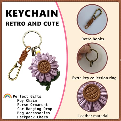 Retro Leather Fruit Leaf Keychain,Bag Charm,Key Organizer for Women - color: Grey Daisy