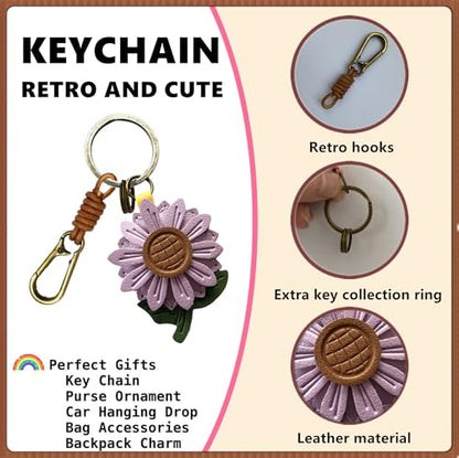 Retro Leather Fruit Leaf Keychain,Bag Charm,Key Organizer for Women - color: Grey Daisy