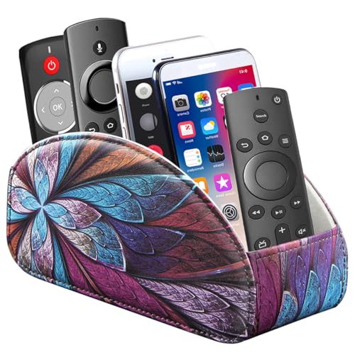 Remote Control Holder, 5 Compartments TV Remote Holder Caddy for Table | PU Leather Nightstand Bedside Storage Organizer for Pen, Media Controllers, Desk Office Supply, Decorations for Living Room - color: Fractal Flower, size: Large