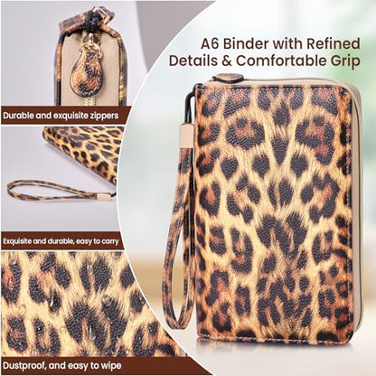 A6 Binder Zipper Budget, Planner for Travel & Study | Faux leather A6 organizer with zipper, cash pouches, lined pages, card slots and pen holder for budgeting. - color: Brown