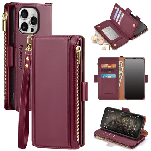 Antsturdy for iPhone 15 Pro Phone Wallet Case Women,Wine Red | RFID Blocking,with Credit Card Holder Slots,PU Leather Purse,Zipper Pocket,Wrist Strap Kickstand,Flip Folio Cover for Men - color: Wine Red