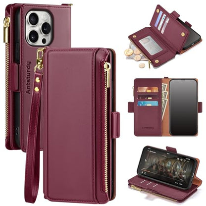Antsturdy for iPhone 15 Pro Phone Wallet Case Women,Wine Red | RFID Blocking,with Credit Card Holder Slots,PU Leather Purse,Zipper Pocket,Wrist Strap Kickstand,Flip Folio Cover for Men - color: Wine Red