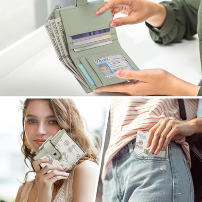 yiijay Small Wallet for Women RFID Blocking Tassle Bifold Slim Thin Leather Wallet Credit Card Holder Wallet Ladies Mini Wallet with Widened Zipper Pocket - color: 1Flora Green