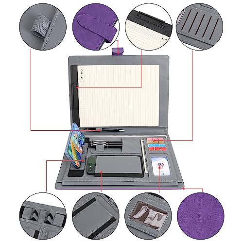 Wason Portfolio Padfolio A4 Leather PU Folder File Document Holder Case with Writing Pad Removable Clipboard Card Stationary Case Phone Tablet Stand for Organizer Office Travel School (Purple) - color: Purple