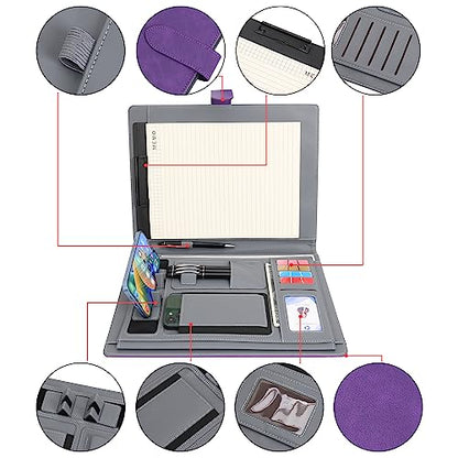Wason Portfolio Padfolio A4 Leather PU Folder File Document Holder Case with Writing Pad Removable Clipboard Card Stationary Case Phone Tablet Stand for Organizer Office Travel School (Purple) - color: Purple