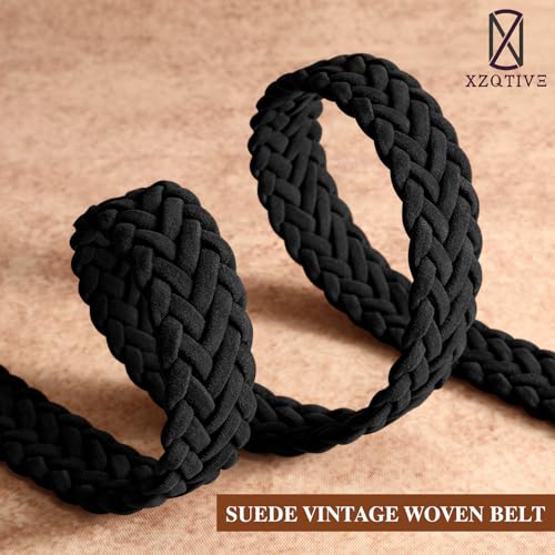 XZQTIVE Women’s Braided Suede Belt – Adjustable Woven Waist Belt with Gold Buckle for Dresses, Jeans & Casual Outfits - color: Black, size: Small: fits waist from 28"-33"