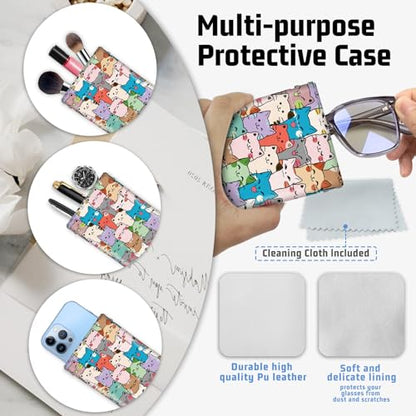 Soft Glasses Case for Sunglasses Eyeglass Slim Pouch | 7x3.5 inches, Portable PU Leather, Squeeze Top, Sunglasses Holder Bag Pouch, For Women Men - color: Cats