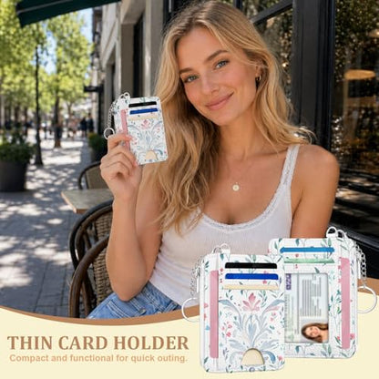 Floral Credit Card Holder Wallet, Slim RFID Blocking Card Case | Credit Card Holder with Keychain, Small Zipper Coin Pocket Mini Wallet, Thin Front Pocket Card Case with ID Window - color: Bloom