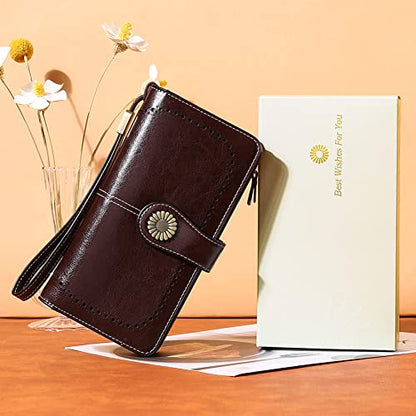 SENDEFN Womens Wallet RFID Blocking Card Holder Large Leather Wristlet - color: 1-Wax-Brown-2