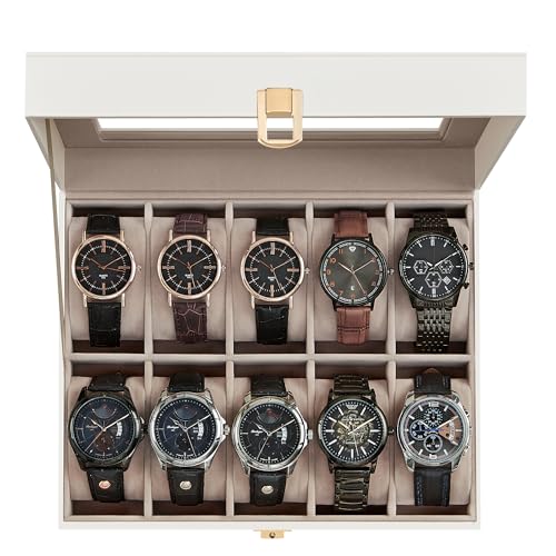 SONGMICS Watch Box, 10-Slot Watch Case with Large Glass Lid | Removable Pillows, White PU Leather, Tan Lining, Gift for Loved Ones, BRIDIE Collection UJWB010W01 - color: Cloud White + Cappuccino Beige, size: 10 Slot