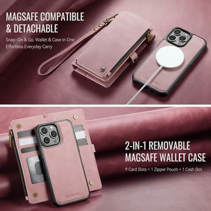 Defencase for iPhone 14 Pro Max Case Wallet Compatible with Magsafe, Pink | Drop-Proof Magnetic Detachable Phone Cases Cover, with RFID Bolcking Card Holder, Zipper Strap, PU Leather, Removable Wallet - color: (Detachable with Magsafe)-Pink