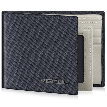 VISOUL Mens Carbon Fiber Leather Bifold Wallet with 2 ID Windows, RFID Blocking Wallet with 2 Money Compartments, Stylish Two-tone Back Pocket Wallet for Men (Black+Light Gray) - color: Black+Light Gray