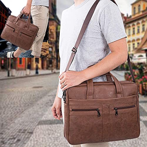 seyfocnia Men's Leather Messenger Bag, Laptop Briefcase Business Satchel Computer - size: 17.3inch, style: Brown