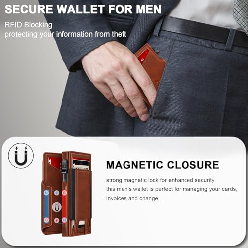 Wallet for Men Wallet with Slim Pop Up Card Holder 9-13 Cards, Bifold Minimalist Smart Wallet RFID Blocking Credit Card Holder with ID Window & Stretchable Cash Slot Compact Metal Aluminum Card Case - color: Brick-Red