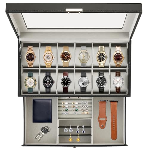 12 Slots Watch Case with Lockable Watch Jewelry Box for Women Men | Jewelry Display Case, Leather Watch Organizer with Glass Top, 2 Layers Watch and Jewelry Box for Storage