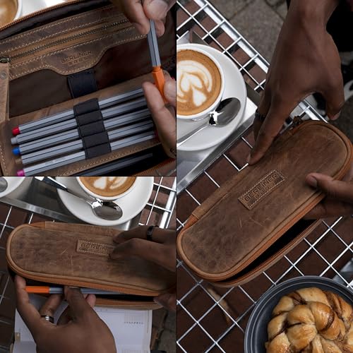 BERLINER BAGS Leather Pencil Case Felix, Pen Pouch For Men & Women- Brown | Genuine Leather Pencil Pouch, YKK Metal Zipper, Pen Loops Included, For Work and University - color: Walnut