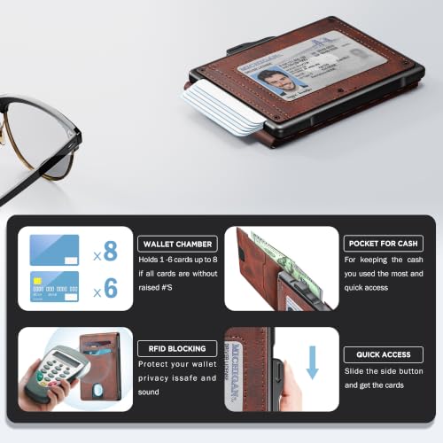 umoven Wallet for Men - Pop Up Case, Cash Slot, and Credit Card Slot - Slim Aluminum Wallet with RFID Blocking, Minimalist Leather Wallet Front Pocket with ID Window (Reddish brown) - color: Reddish brown