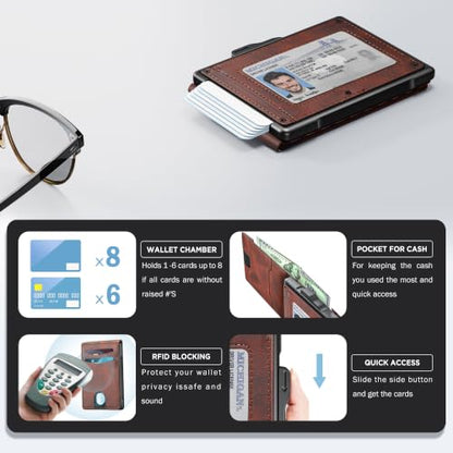 umoven Wallet for Men - Pop Up Case, Cash Slot, and Credit Card Slot - Slim Aluminum Wallet with RFID Blocking, Minimalist Leather Wallet Front Pocket with ID Window (Reddish brown) - color: Reddish brown