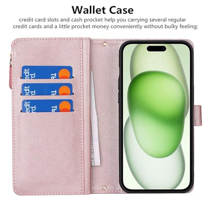 iCoverCase Compatible with iPhone 15 Plus Crossbody Case with Strap, Wallet Phone Case Card Holder [Not Detachable] PU Leather Kickstand Zipper Lanyard Case 6.7" (Rose Gold) - color: Rose Gold, size: for 15 Plus 6.7 inch