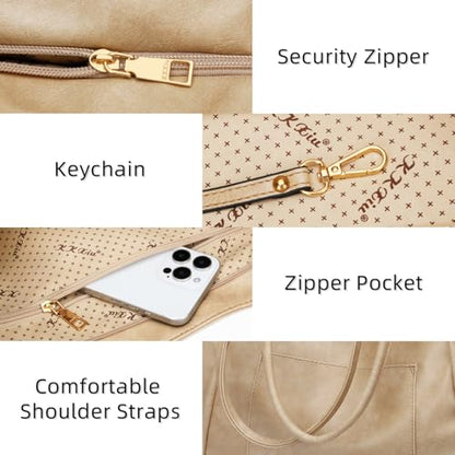 KKXIU Large Tote Bag for Women with Zipper Work Leather Travel Purse and Handbags - color: Beige