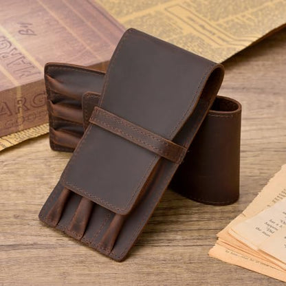 Lanxivi Crazy Horse Leather Fountain Pen Case 3 Divided Slots, Handmade Display Pen Holder, Luxury Pen Sleeve - color: Crazy Horse Retro