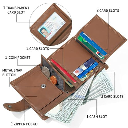 Men's Genuine Cowhide Leather Trifold Wallet with RFID Blocking, Snap Button, 10 Card Slots, Coin Pocket, ID Window (Brown) - color: Brown