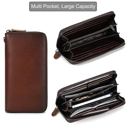 Genuine Leather Long Wallet for Men, Large Capacity Purse Clutch Bag Handbag Checkbook Cash Credit Cards Phone Holder | Large Capacity - color: 1007SZ-Coffee