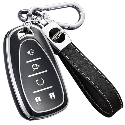 Key Fob Cover for Chevy - Premium Soft TPU Shell Full Protection Case with Keychain, Fits Equinox Malibu Traverse Cruze Blazer Camaro Trailblazer Spark Sonic Volt Bolt Trax, Black 5-Button - color: Black-silver, size: 5 Buttons