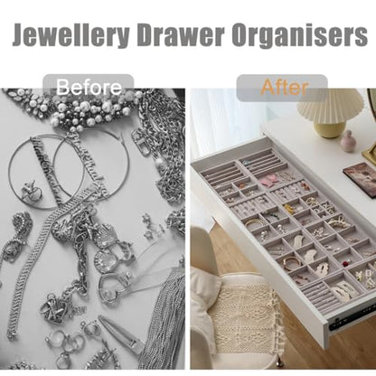 10 Pack Jewelry Organizer Tray Drawer Inserts Stackable Velvet Liner Dividers Customizable Jewellery Box Foam Ring Earring Holder Necklace Bracelet Storage Display Dish Flat in Dresser Vanity - color: Grey