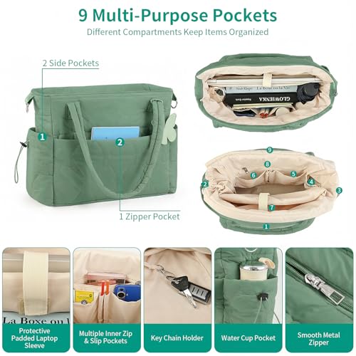Puffer Tote Bag for Women, Lightweight Quilted Puffy Work Handbag with Zipper & Water Bottle Pocket for Teacher, Office - color: Sage Green