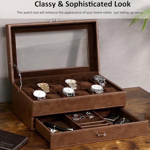 BEWISHOME Watch Cases for Men, 12-Slot Watch Box with Large Glass Lid | 2-Layer Watch Case Organizer with Removable Pillows, Watch Box for Men, Watch Storage, Watch Holder Espresso Lining SSH12Z