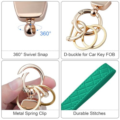 Weixiltc Quilted Leather Wristlet Keychain, D-Ring Car Key Holder | Quilted faux leather & gold hardware. D-ring for car keys + 2 split rings. Hands-free, anti-loss for commute & travel - color: Green