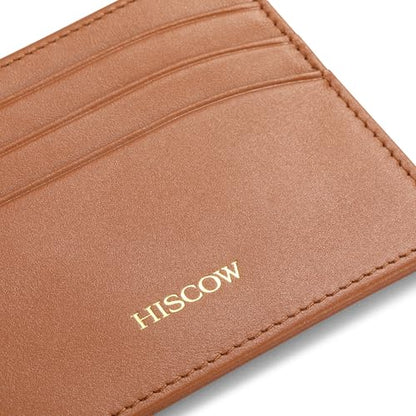 HISCOW Slim Full Grain Leather Card Holder, Cognac | Men's minimalist EDC wallet, front pocket carry, 6 credit card slots & center pocket, fits folded bills, premium gift box - color: Cognac