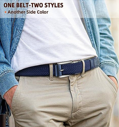 BULLIANT Men Reversible Stretch Braided Woven Web Belt 1 3/8-Gift Boxed - color: Black/Antique Blue8932, size: 38"-42"Waist Adjustable