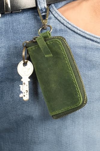 Green Leather Key Holder & Coin Purse | Full grain leather, zippered coin pouch, belt-loop keychain, earphone storage, key organizer for men & women - color: Green