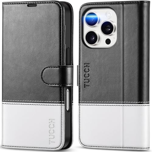 TUCCH Wallet Case for iPhone 16 Pro (6.3"), 4 Card Holders, Black & White | RFID Blocking, Viewing Stand, Shockproof TPU Shell, PU Leather, Magnetic Closure, Protective Folio Flip Cover - color: Black & White