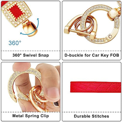 OHKYOOT Leather Wristlet Keychain for Home Car Keys | Key Fob Keychain, Wrist Keychain, Car Key Chain with 5 Key Ring and D Ring for Women Men, Car Key Holder - color: Red