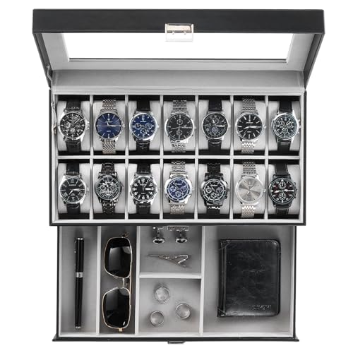 ProCase Watch Box, 14 Slot Watch Case for Men with Drawer, Black | 2-Layer Watches Display Case with Glass Lid, Mens Jewelry Box Storage Holder Organizer, Anniversary Christmas Birthday Gift - color: Black, size: 14-Slot
