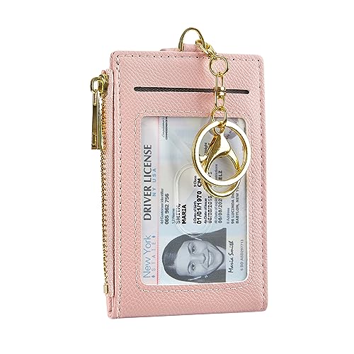 Women Leather RFID Card Holder Bifold Keychain Wallet - color: pink