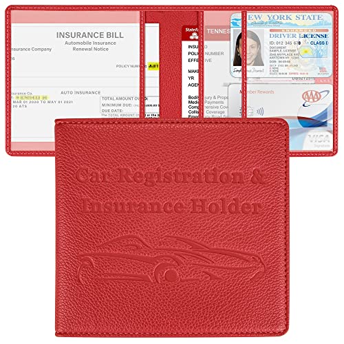 Car Registration and Insurance Holder, Premium PU Leather Vehicle Glove Box Car Organizer Men Women Wallet Accessories Case for ID, Driver's License - Red - color: Red