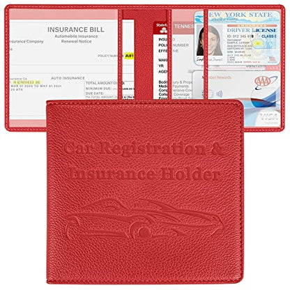 Car Registration and Insurance Holder, Premium PU Leather Vehicle Glove Box Car Organizer Men Women Wallet Accessories Case for ID, Driver's License - Red - color: Red