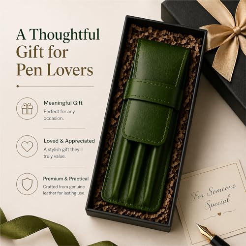 Genuine Leather Pen Case for 3 Pens - Handmade Premium Pen Holder Organizer with Flap Closure Slim Travel Pouch for Office Business Use, 3.5 x 7- Green - color: Green Leather Pen Case